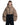 Cropped puffer jacket with hood, taupe insulated body and navy lower panel