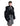 Black hooded puffer jacket, side view with glossy quilting and elastic cuff