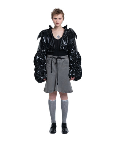 Black cropped puffer jacket with hood, centered front view, glossy quilted finish