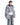 Gray cropped puffer jacket with hood and front zipper, side view