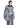 Gray cropped puffer jacket with hood and zip-front, left side detail