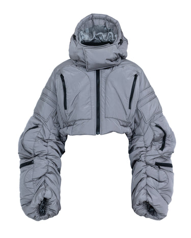 Gray cropped puffer jacket with hood, front zipper, wide cropped hem