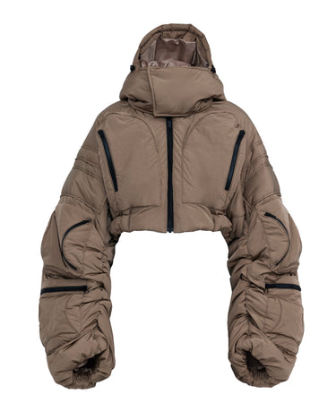 Cropped puffer jacket, taupe colorway with hood and navy zip trim, front view