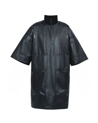 Dark short-sleeve anorak jacket with half-zip front, stand collar, patch pockets