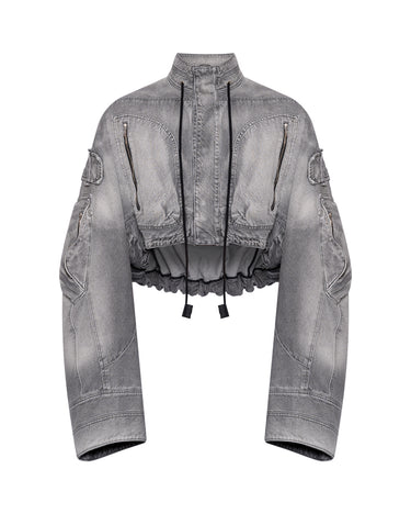 Distressed cropped gray denim jacket with high neck and back tucks with drawcord ends