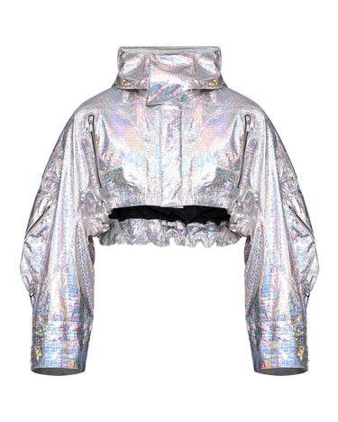 Silver holographic cropped parachute jacket with hood, high collar, and front pockets