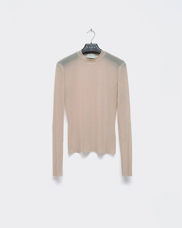 Nude sheer mesh long-sleeve turtleneck top on a hanger