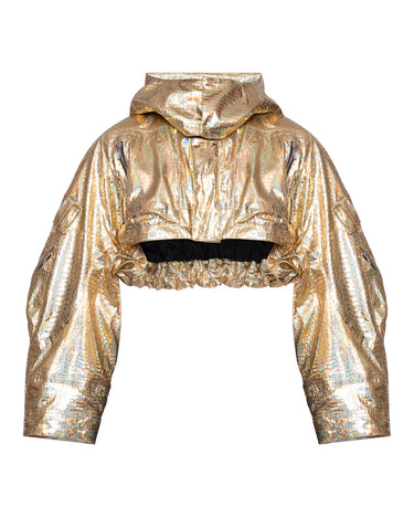 Gold holographic hooded jacket with gathered neckline details and elastic cropped hem