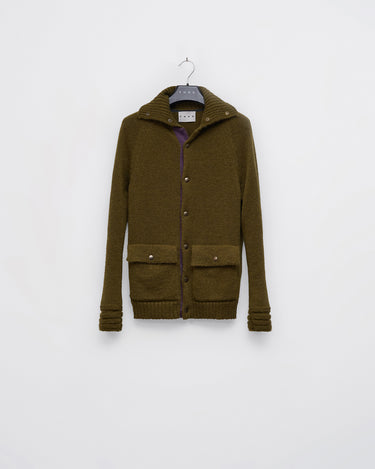 Olive mohair cardigan with button front, hooded collar, and two patch pockets