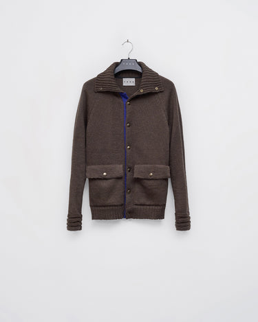 Dark gray cardigan with button front, shawl collar, contrast blue placket, patch pockets