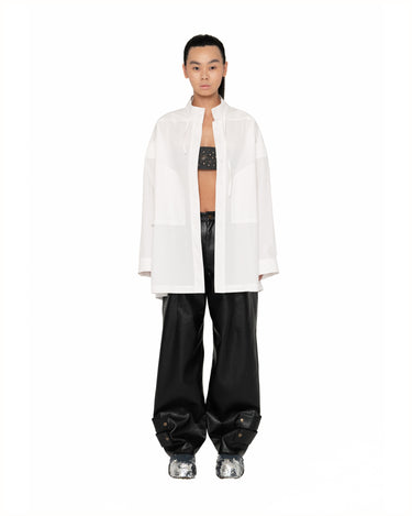 Milky white oversized button-up shirt with stand collar and chest pockets