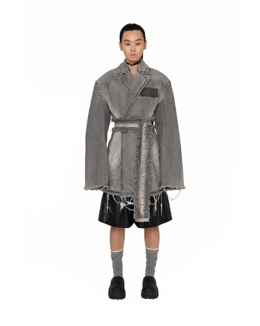 Gray distressed jacket dress with notched collar, button details, and frayed jacket hem