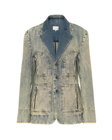 Washed blue denim jacket back view with flap pockets and button placket