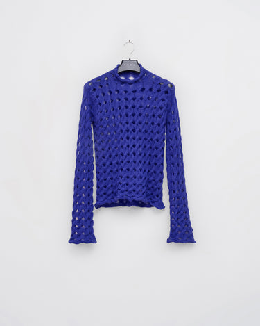 Blue lattice-knit sweater with long sleeves and crew neck