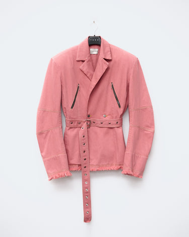 Pink denim jacket with belted waist, zip pockets, and frayed hem cuffs