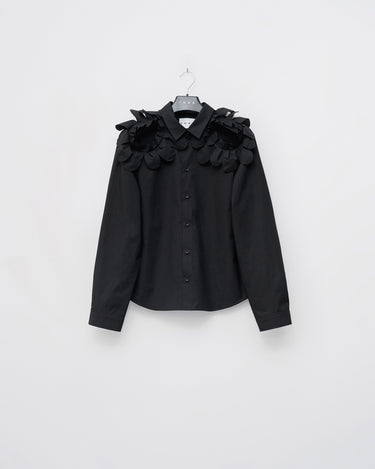 Black button-up shirt with petal ruffle shoulders and pointed collar, long sleeves