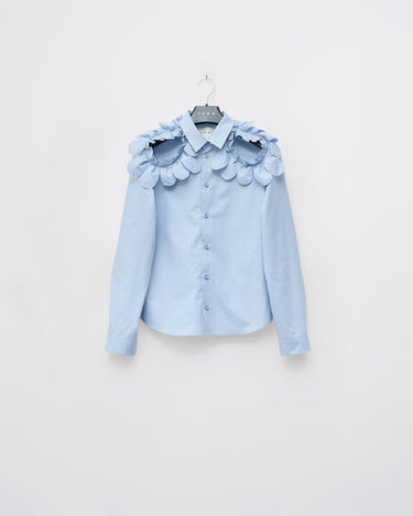 Light blue button-up shirt with layered petal ruffle shoulders, long sleeves