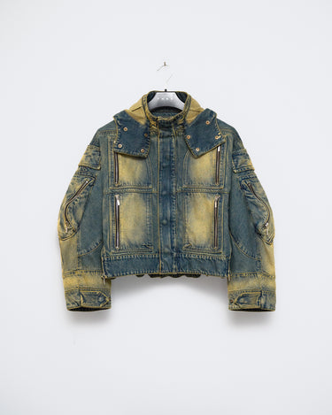 Faded denim jacket with hood, button front, and multiple flap patch pockets
