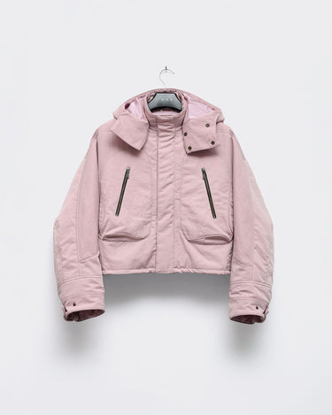 Pink hooded nylon jacket with front zipper and flap chest pockets