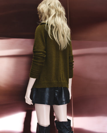 Olive mohair cardigan, ribbed hem and cuffs, buttonless back with knit texture