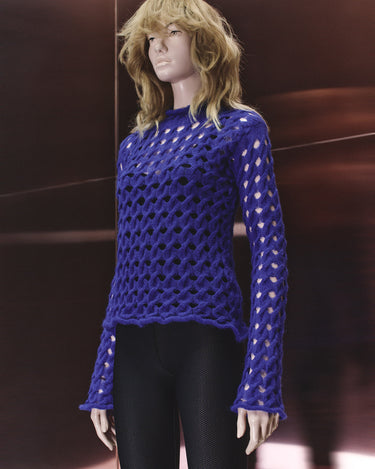 Blue lattice-knit sweater with crew neck and long sleeves