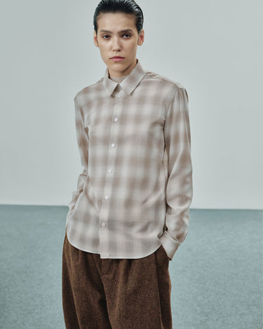 Beige plaid long-sleeve button-up shirt with pointed collar