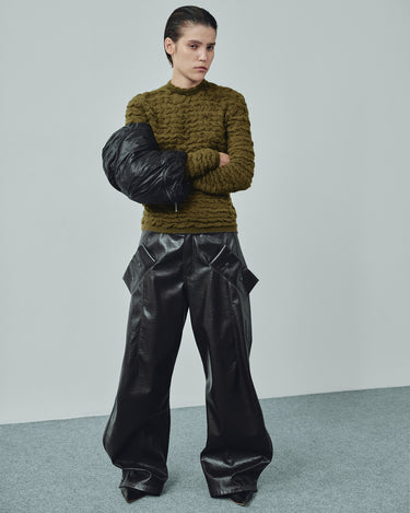 Olive cable-knit sweater, ribbed crew neck and textured knit pattern