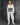 Denim illusion apron: white top with blue frayed short overlay and black waist belt