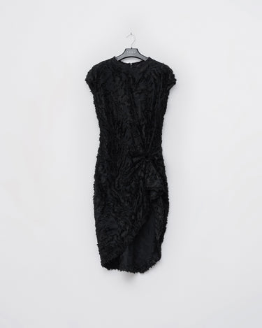 Black fringed texture dress with short sleeves and an asymmetrical knee-length hem