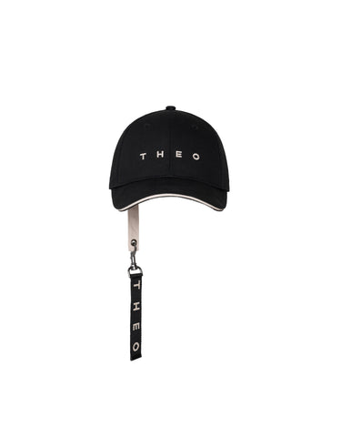 Black baseball cap with THEO logo and hanging keychain with clip