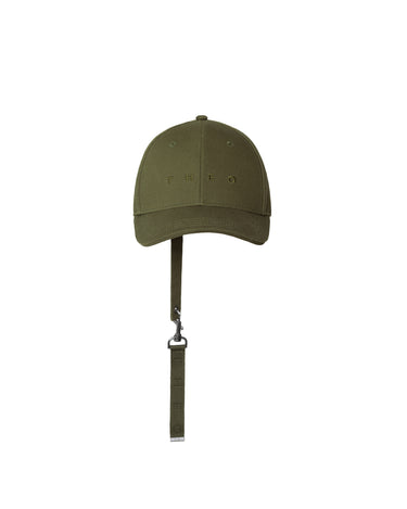 Khaki THEO cap with keychain strap hanging down; curved brim