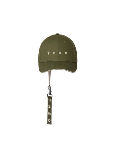 Khaki THEO baseball cap with front logo patch and hanging keychain strap