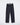 Navy six-pocket denim jeans with straight legs, hanging front view