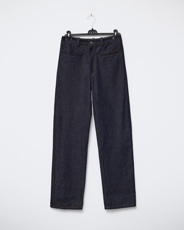 Navy six-pocket denim jeans with straight legs, hanging front view
