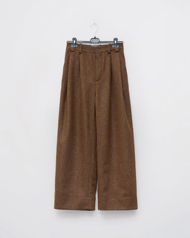 Brown melange wide-leg trousers with pleats, belt loops, and turned-up hems