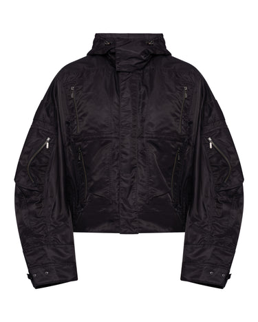 TOM BOY black hooded jacket back view with covered hood and zip pocket details