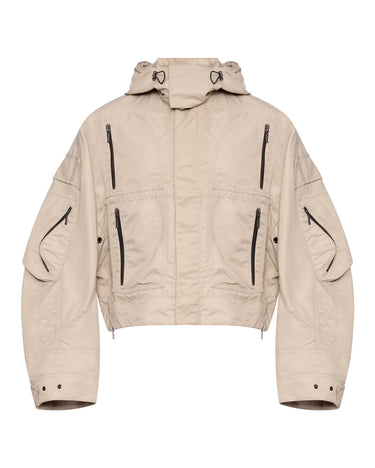 Beige hooded jacket with snap front, two chest flap pockets, and adjustable waist drawcords