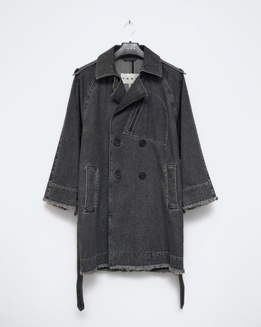 Gray denim trench coat with double-breasted buttons, notched collar, and front flap pockets