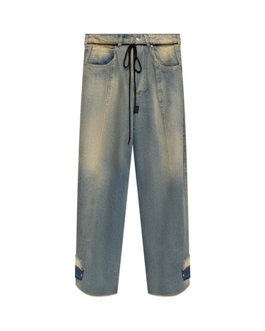 Washed blue distressed baggy jeans, drawstring waist and wide straight legs.