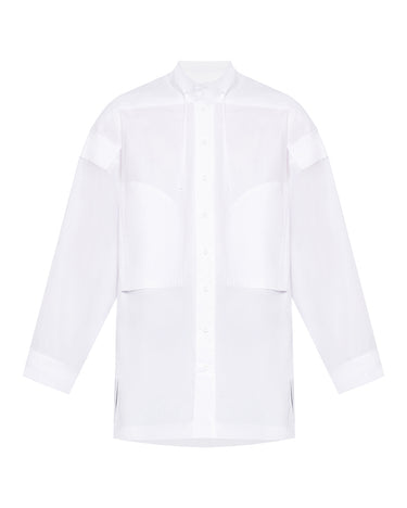 Milky white button-up shirt with stand collar and front placket
