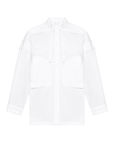Milky white boys button-up shirt with stand collar, long sleeves, and chest flap pockets