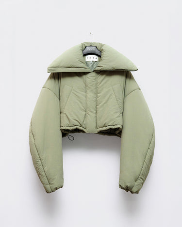 Light green puffer jacket with turn-down collar, front zip, cropped fit