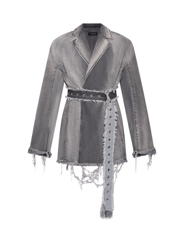 Gray distressed jacket dress with notched collar, button front, and tied waist belt