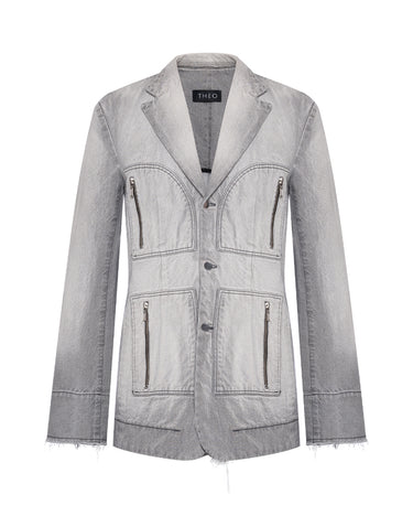 Men's gray faded denim jacket with button front, notch lapels, and zippered flap pockets