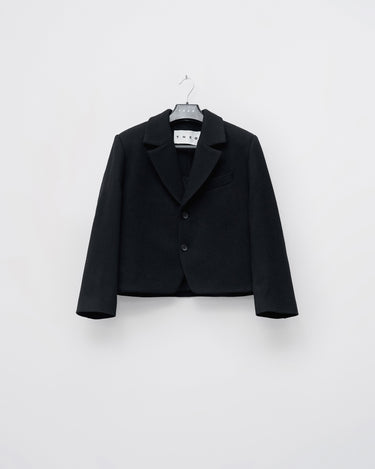 Black cropped blazer with notched lapels, one chest pocket, and two-button front