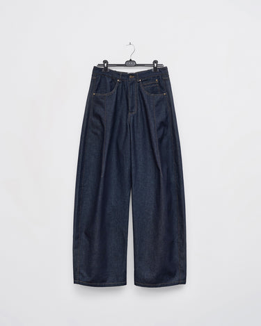 Dark navy denim wide-leg jeans, flat lay with belt loops and side pockets