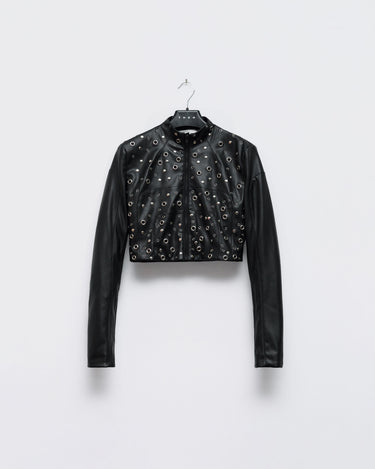 Cropped black eco-leather jacket with silver eyelet studs, snap front
