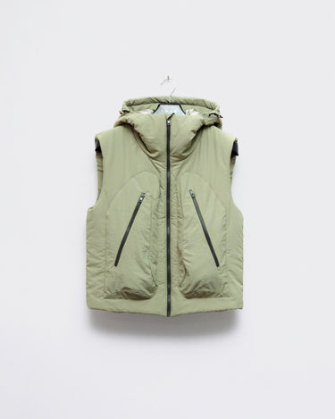 Light green hooded puffer vest with full-length zipper and two front zip pockets.