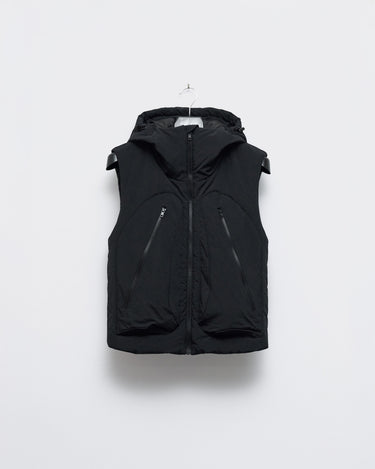 Black hooded vest with full-zip front and side zip pockets