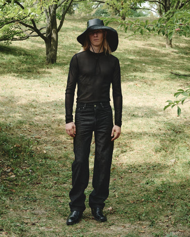 Dark sheer mesh turtleneck top with high neck, long sleeves